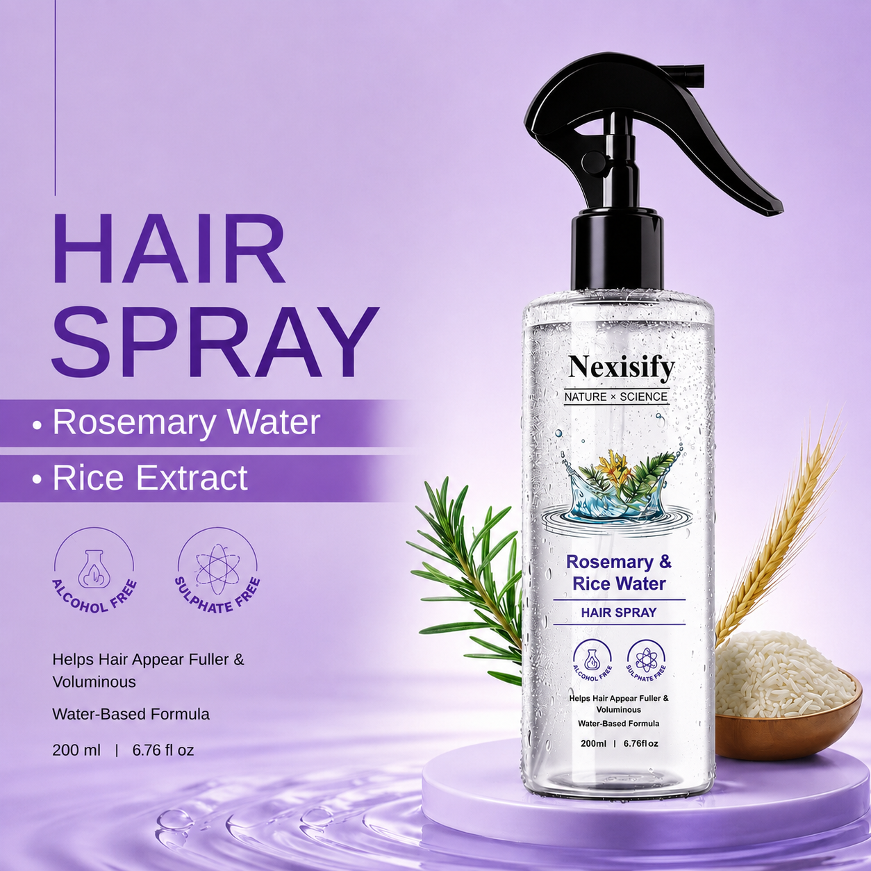 Nexisify Rosemary Rice Water Hair Mist for Soft Smooth Non Greasy Hair