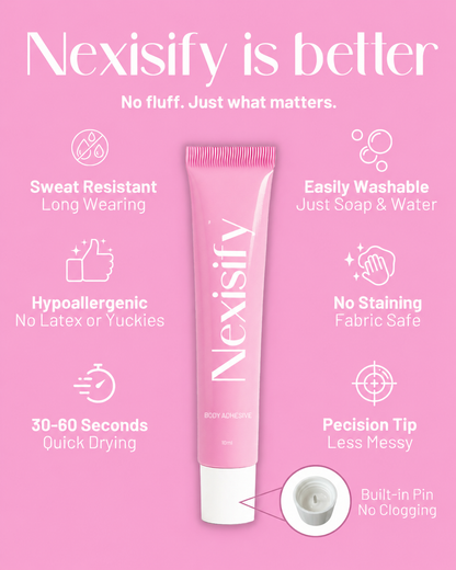 🥳2026 HOT SALE🥳💞50K+ SOLD!🛋️✨ 50% OFF!Nexisify® Body Adhesive,Strong adhesion, gentle touch—the perfect match for wedding dresses, swimwear, and temporary tattoos.