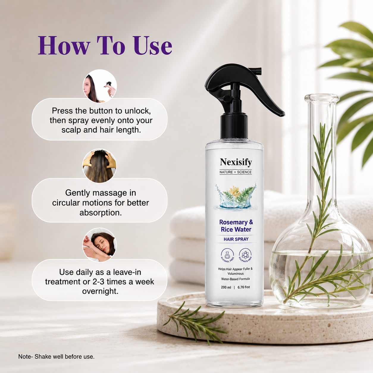 Nexisify Rosemary Rice Water Hair Mist for Soft Smooth Non Greasy Hair