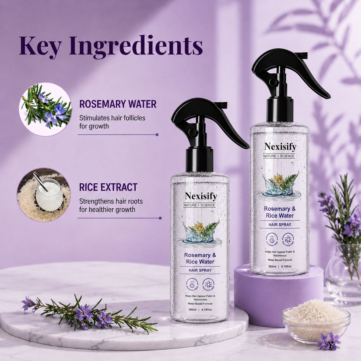 Nexisify Rosemary Rice Water Hair Mist for Soft Smooth Non Greasy Hair