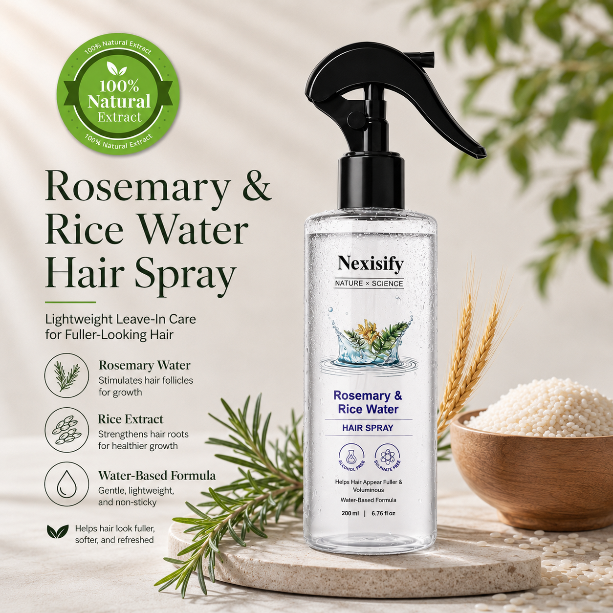 Nexisify Rosemary Rice Water Hair Mist for Soft Smooth Non Greasy Hair
